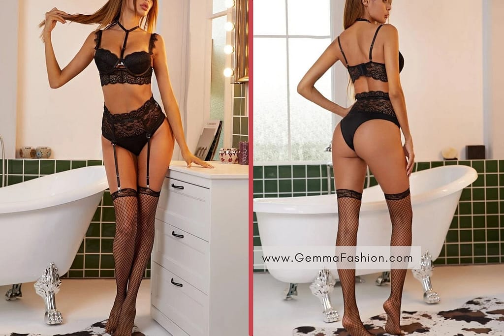 3PACK FLORAL LACE UNDERWIRE GARTER LINGERIE SET & STOCKINGS
