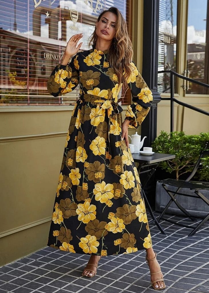 FLORAL PRINT BELTED MAXI DRESS