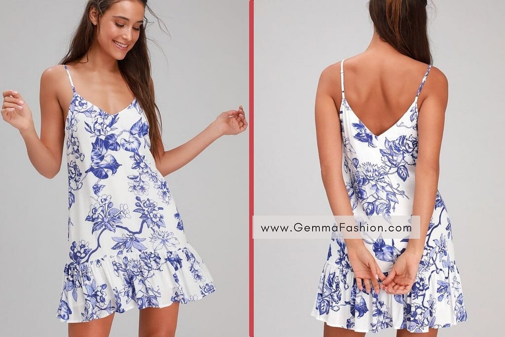 GARDEN BLOOM BLUE AND WHITE FLORAL PRINT RUFFLED SHIFT DRESS