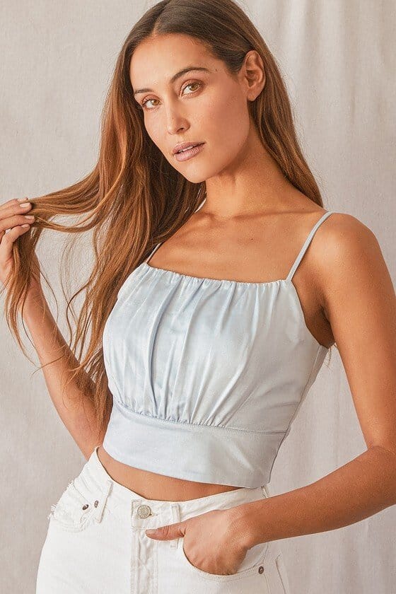 LUXE'D OUT LIGHT BLUE SATIN CROPPED TANK TOP