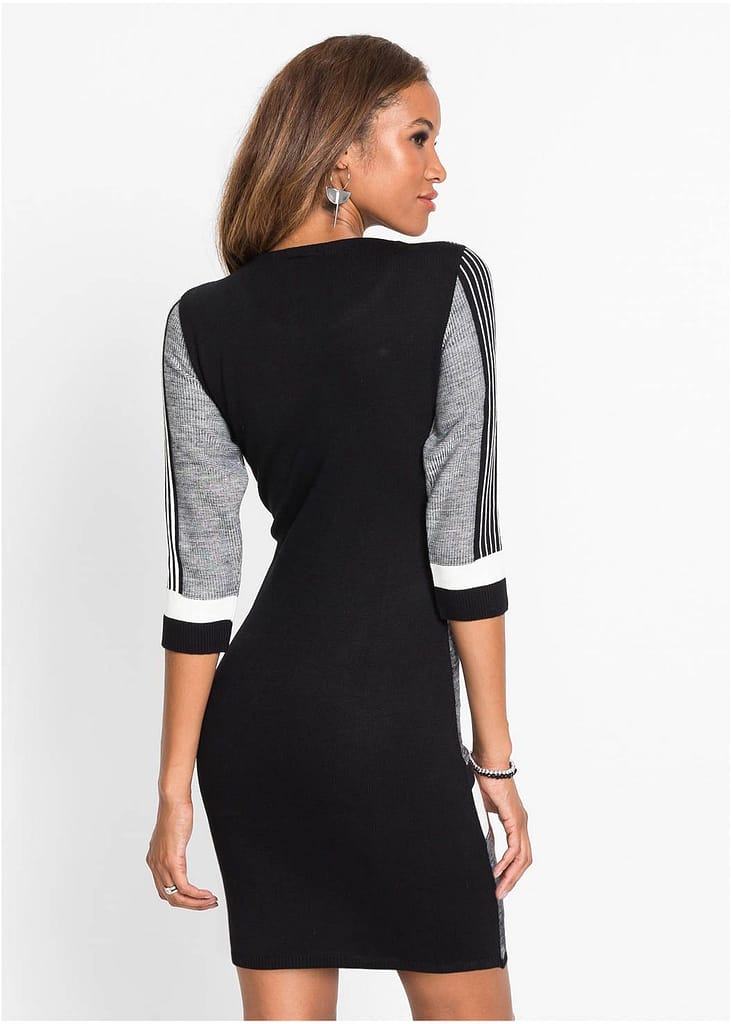 BLACK AND WHITE COLOR BLOCK SWEATER DRESS