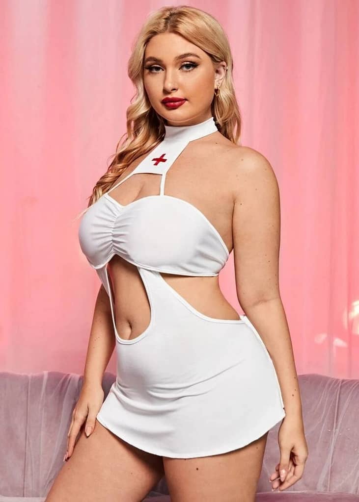 PLUS CUT-OUT RUCHED NURSE COSTUME DRESS WITH THONG
