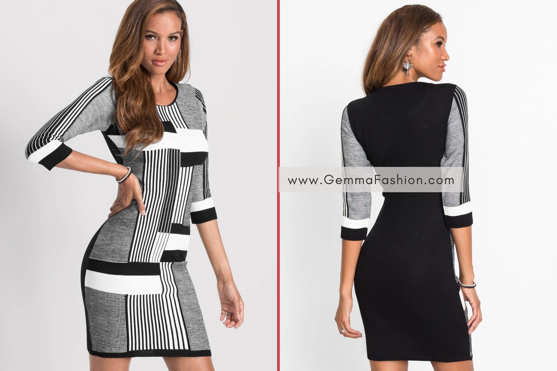 BLACK AND WHITE COLOR BLOCK SWEATER DRESS - Gemma Fashion